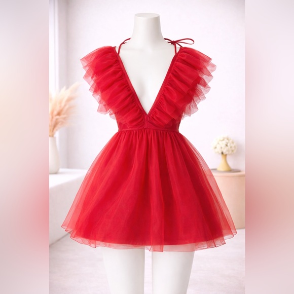 Zara Dresses & Skirts - Zara Red Ruffle Mini Dress Size S Deep V Statement Party Dress